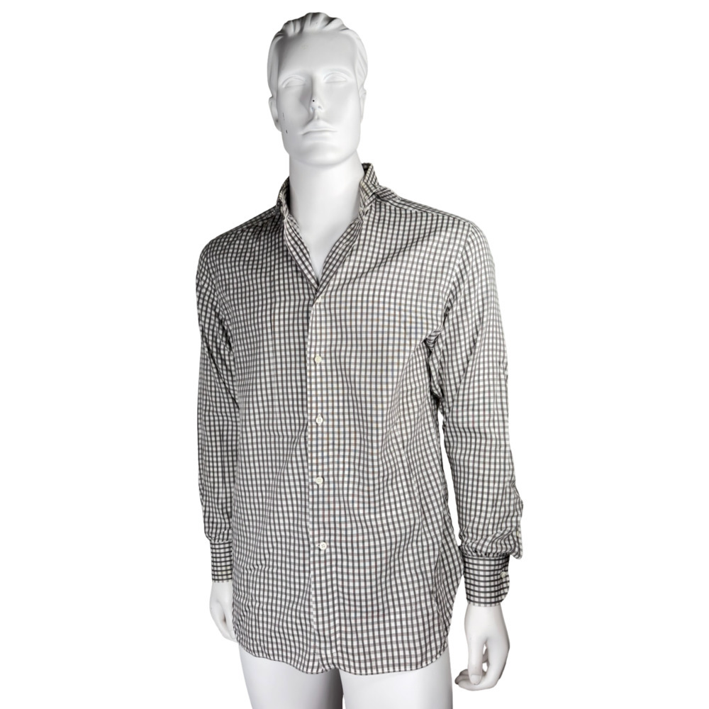 Ermenegildo Zegna Grey White Check Dress Shirt Mens Button Down Sz. 41/16